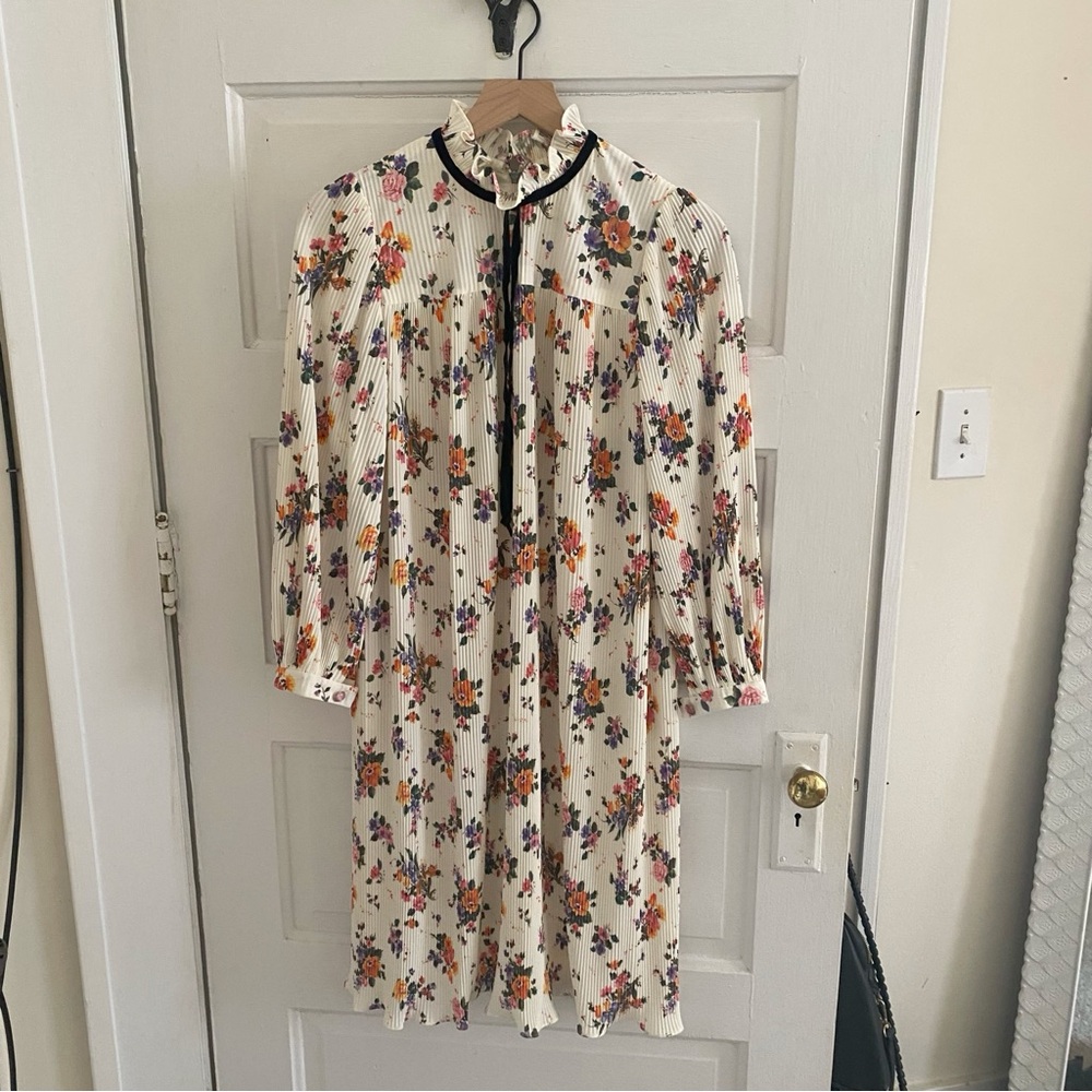 tomoeya ivory floral long sleeve high neck knee length pleated dress
